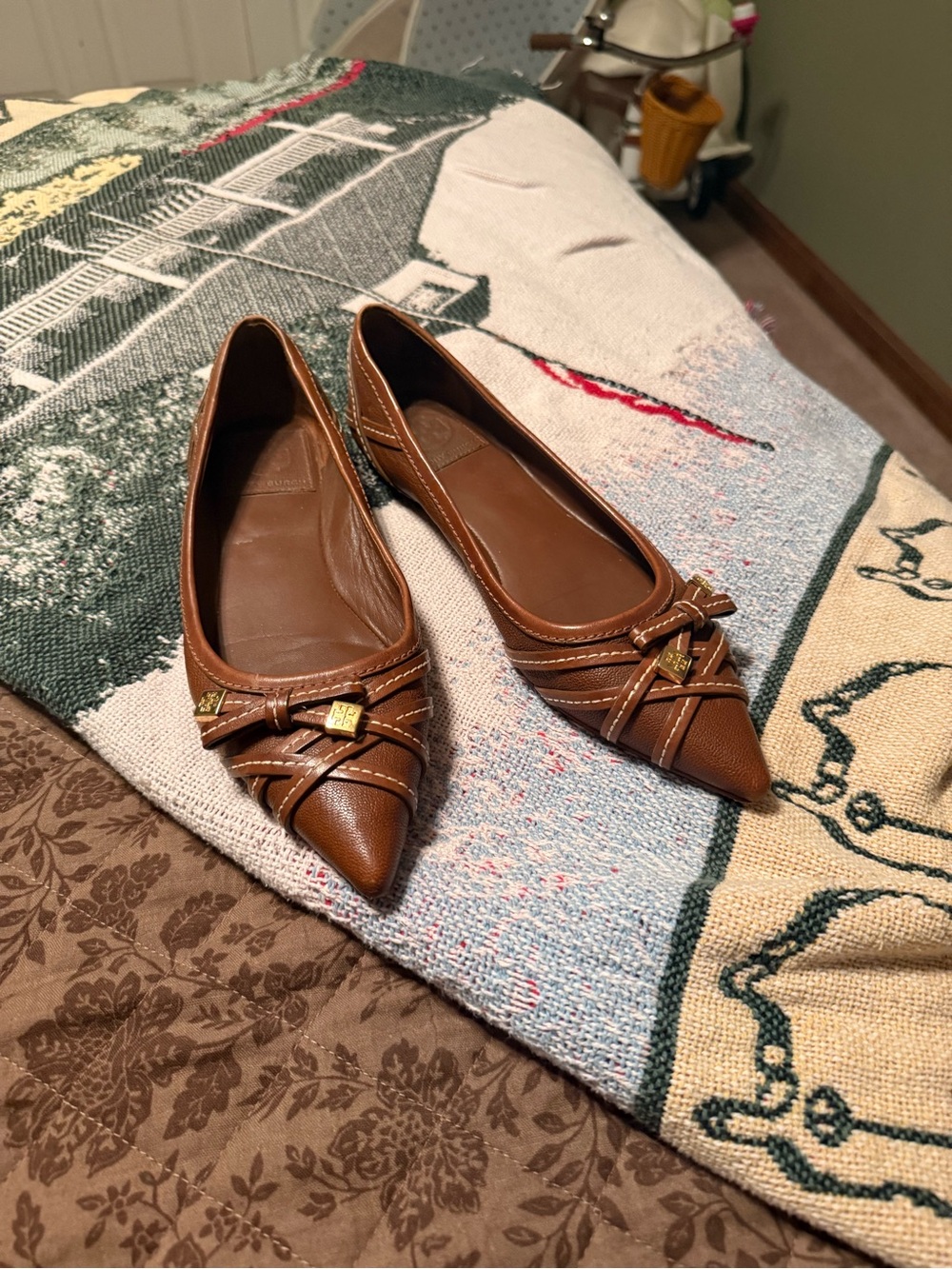 Tory Burch Cognac Pointed-Toe Bow Flats with Gold Logo